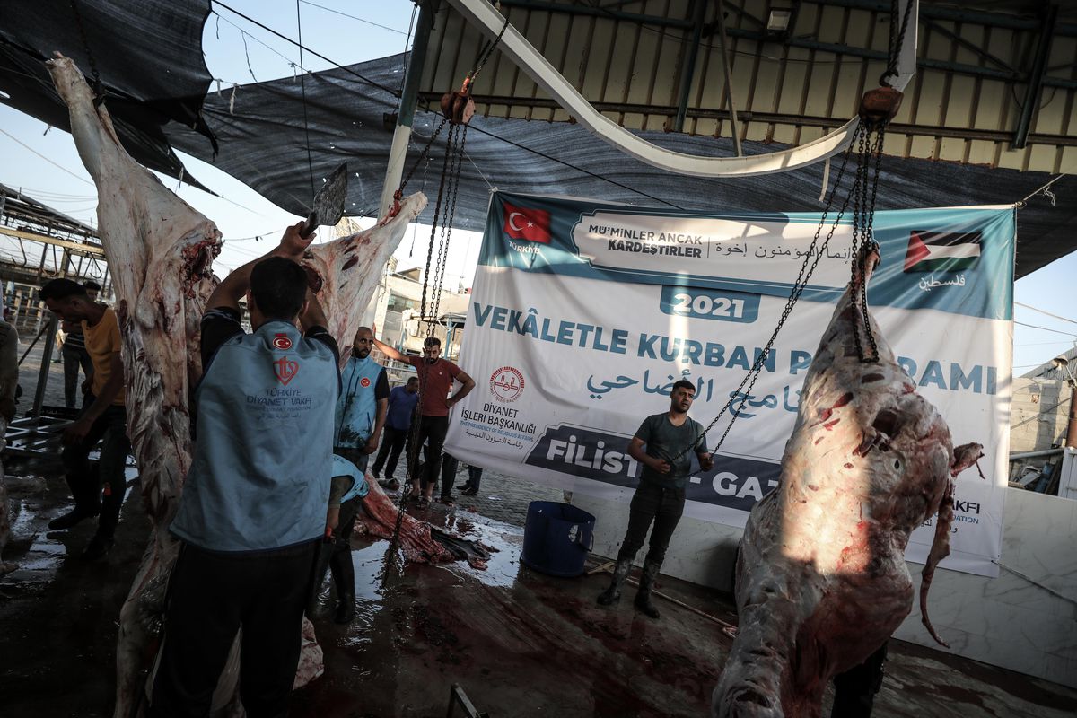 Gazze\'de Türkiye Diyanet Vakfının desteğiyle kesilen kurbanların etleri yoksul ailelere dağıtılacak