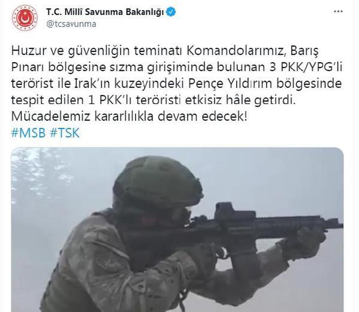 Son dakika haberleri... MSB: 4 PKK/YPG\'li terörist etkisiz hale getirildi
