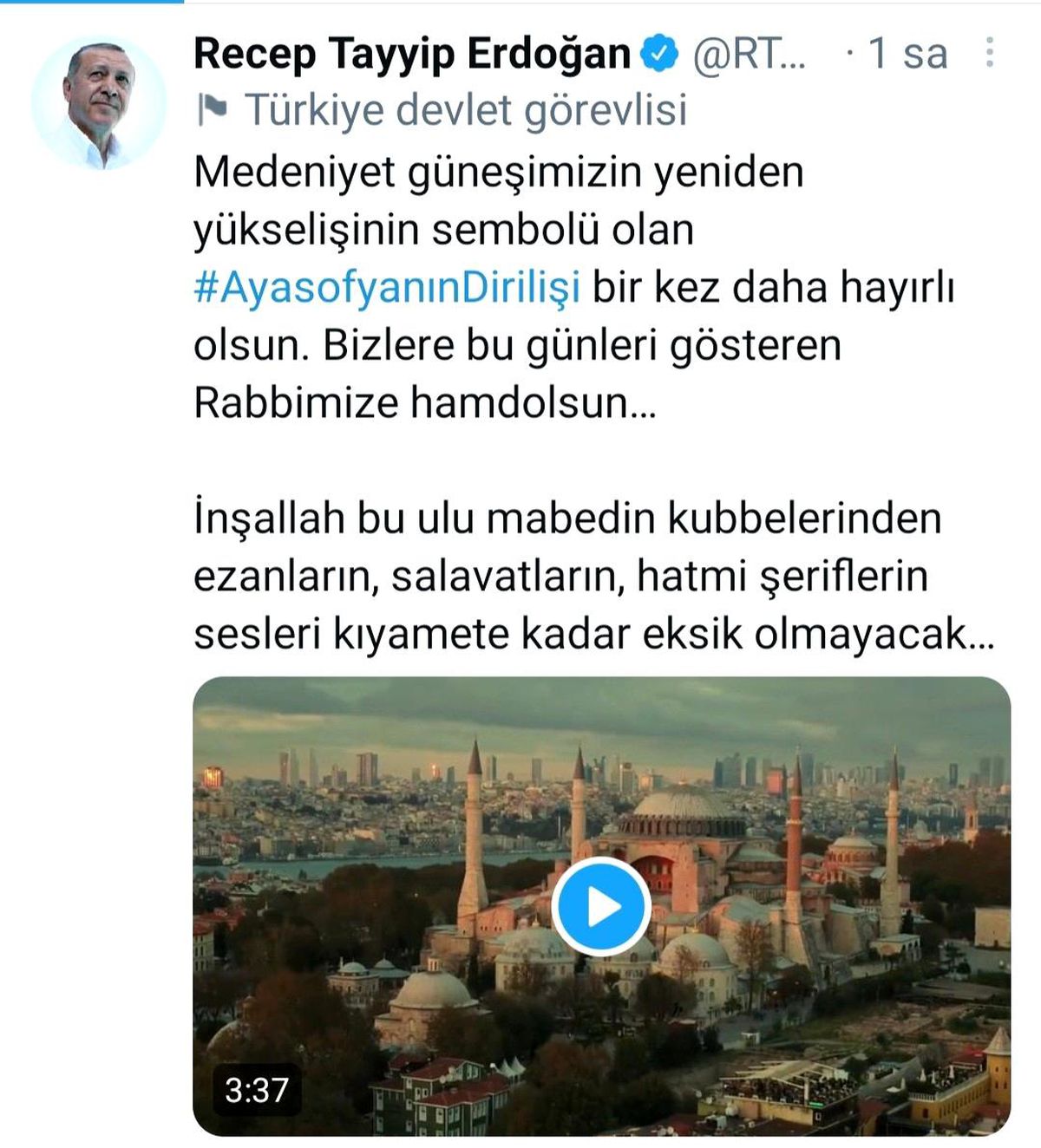 Cumhurbaşkanı Erdoğan\'dan Ayasofya paylaşımı