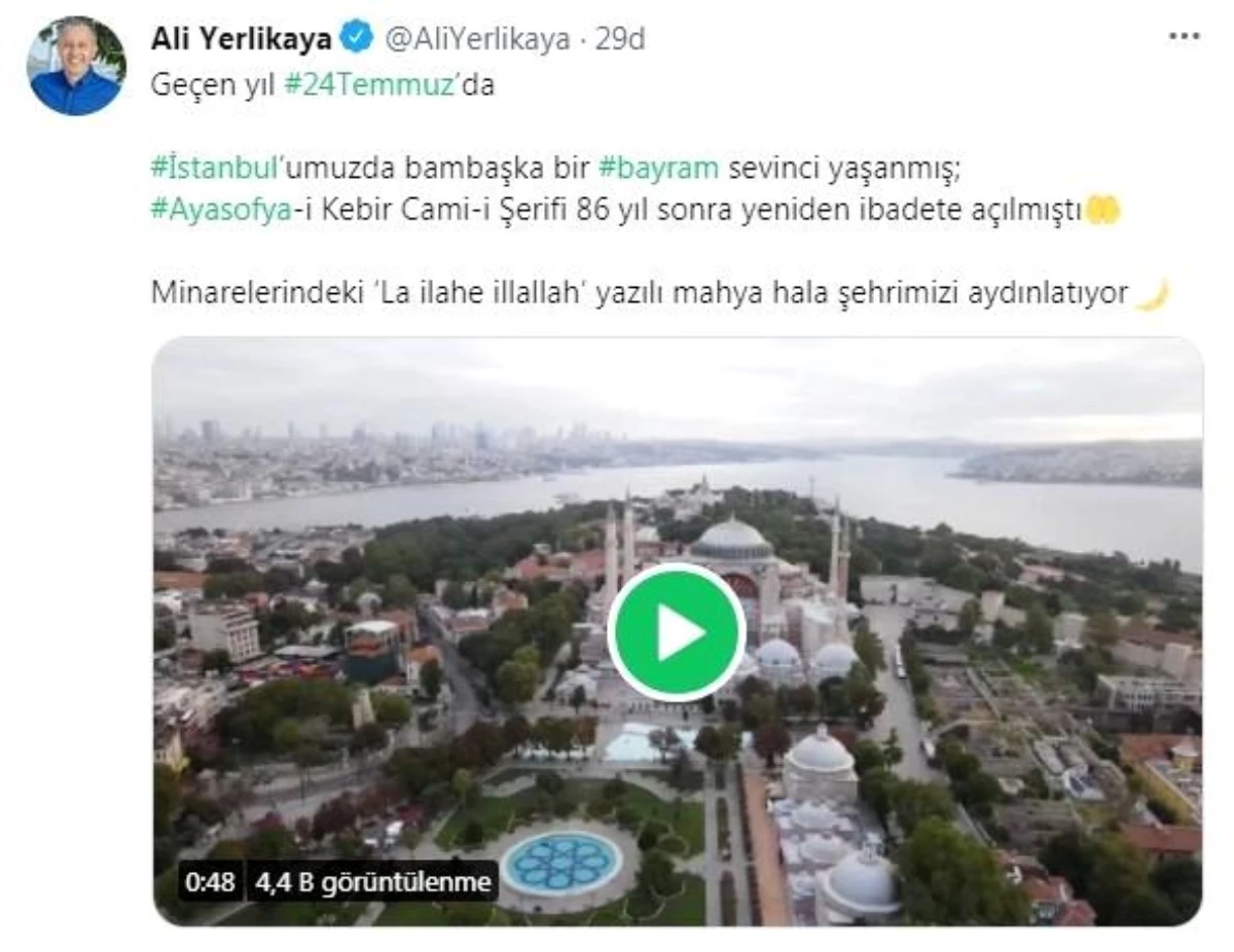 İstanbul Valisi Yerlikaya\'dan Ayasofya paylaşımı