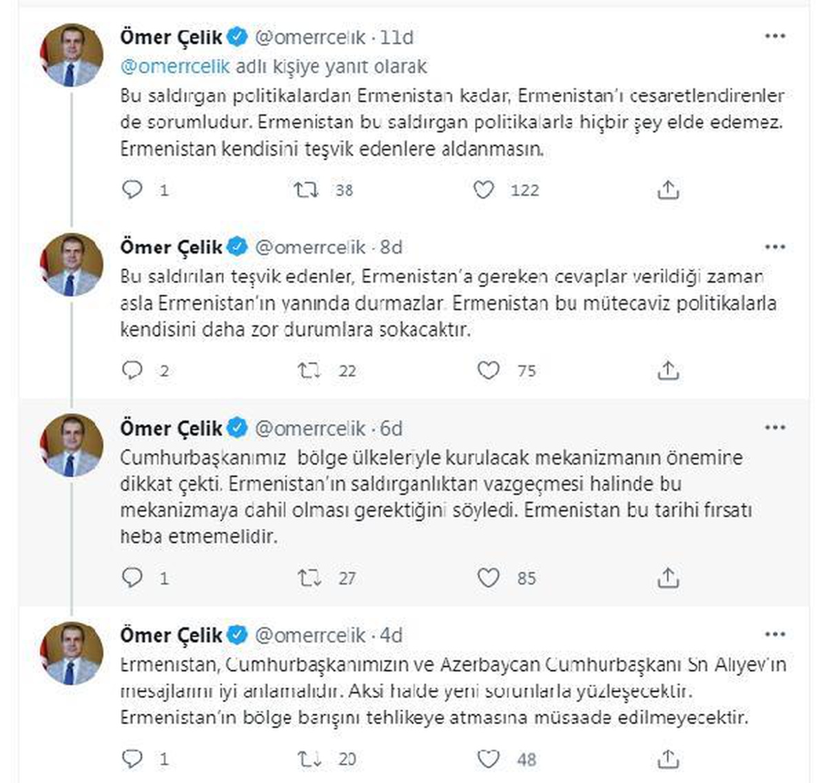 AK Parti\'li Ömer Çelik: "Ermenistan kendisini teşvik edenlere aldanmasın"
