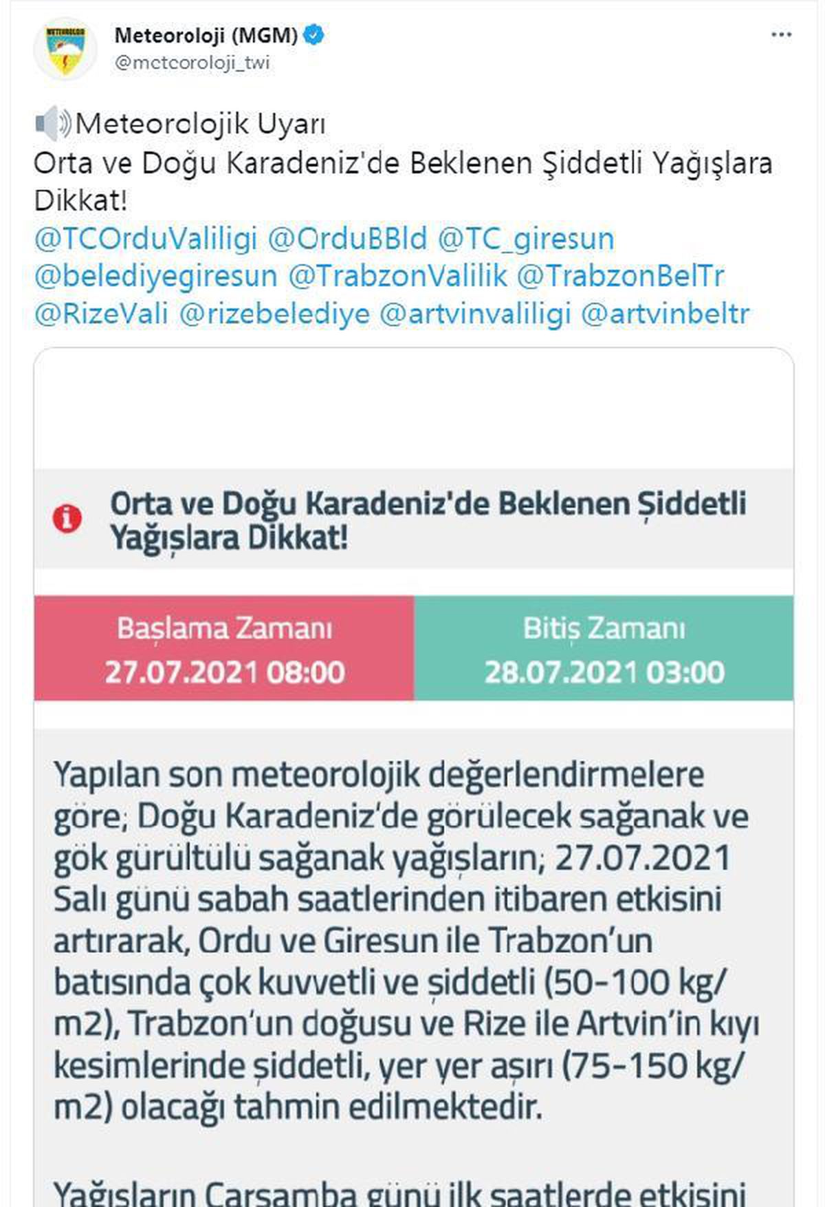 Meteoroloji\'den Orta ve Doğu Karadeniz için \'şiddetli yağış\' uyarısı