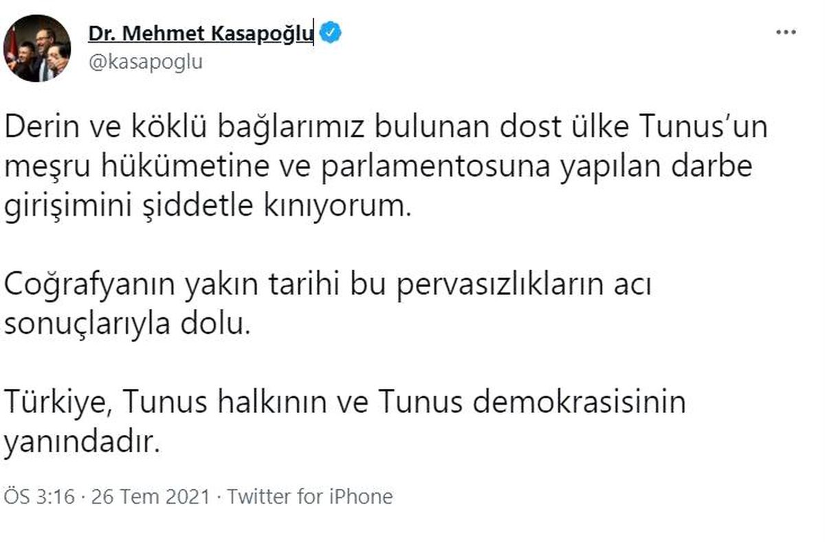 Son dakika haberleri! Bakan Kasapoğlu: "Derin ve köklü bağlarımız bulunan dost ülke Tunus\'un meşru hükümetine ve parlamentosuna yapılan darbe girişimini şiddetle kınıyorum"