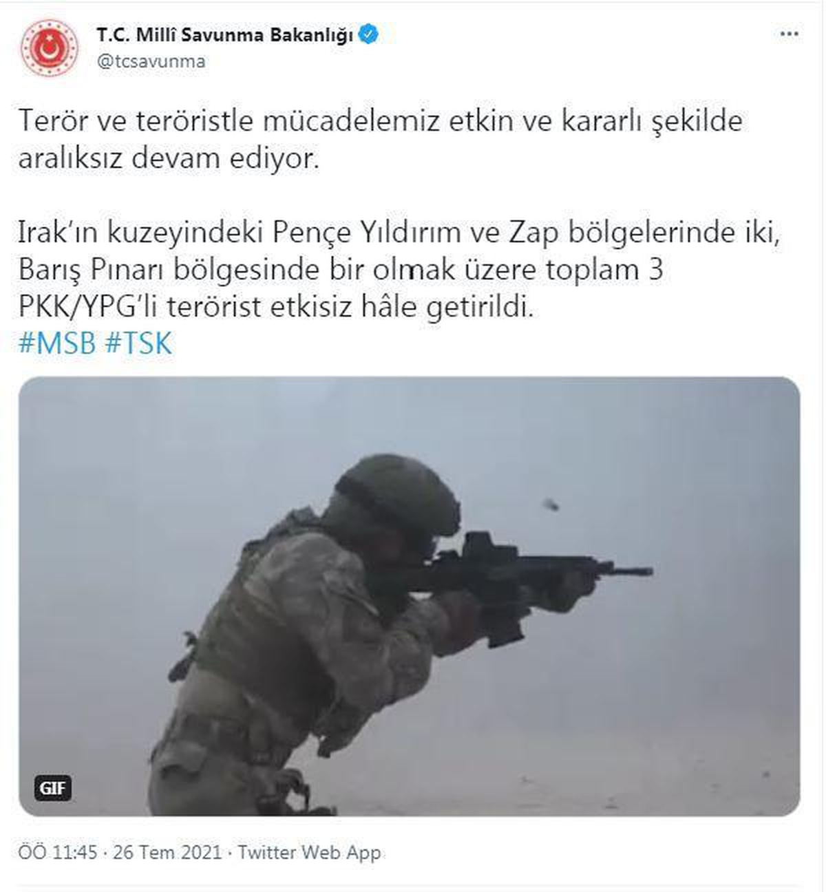 Son dakika haberleri: MSB: 3 PKK/YPG\'li terörist etkisiz hale getirildi