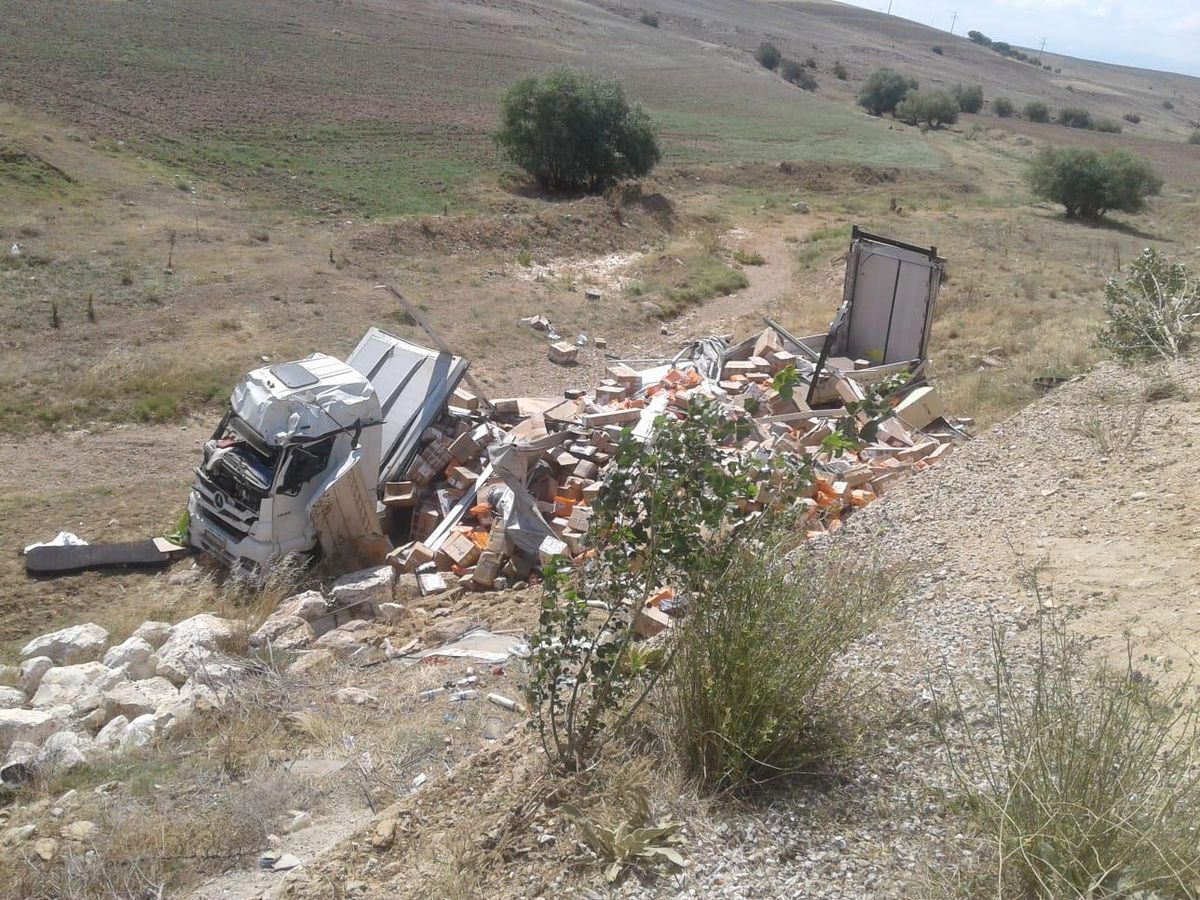 Afyonkarahisar\'da şarampole devrilen kargo yüklü tırın sürücüsü öldü