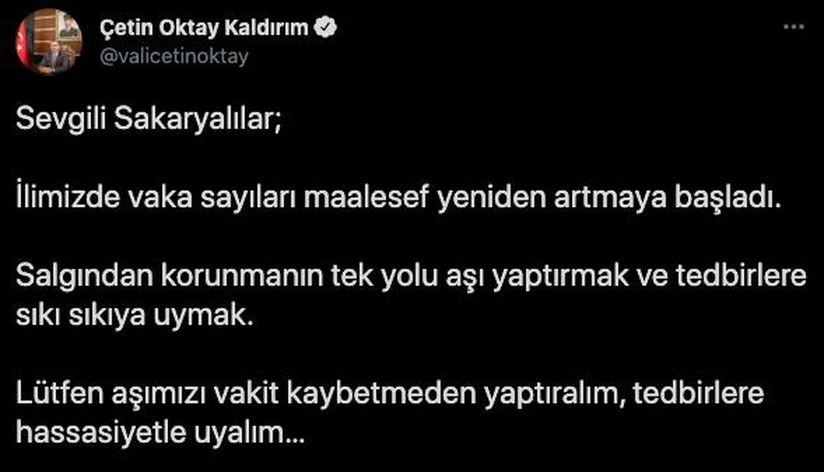 Sakarya Valisi Kaldırım\'dan "aşı ve tedbir" çağrısı Açıklaması