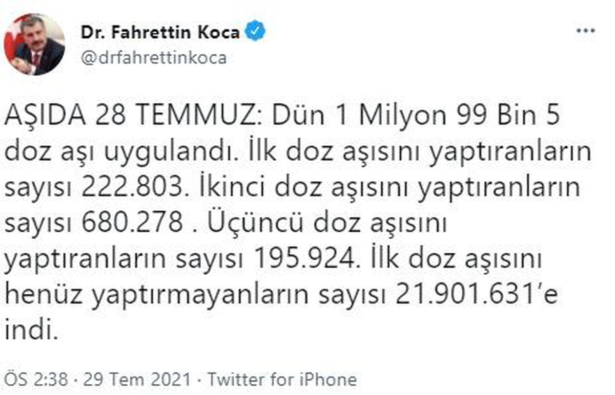 Son dakika haberi: Sağlık Bakanı Fahrettin Koca aşılamaya ilişkin son verileri açıkladı