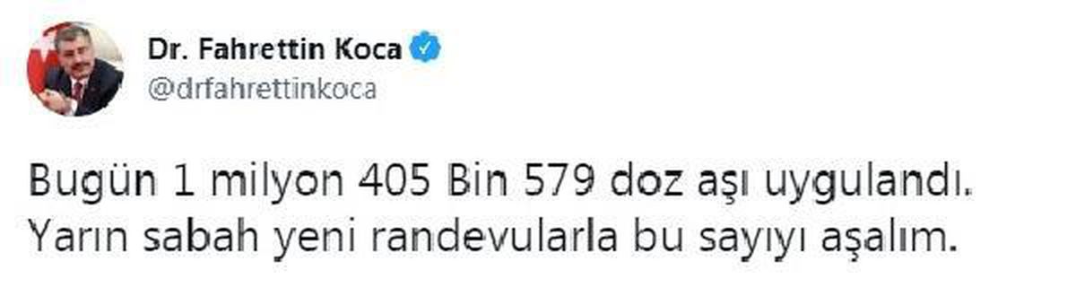 Bakan Koca: Bugün 1 milyon 405 bin 579 doz aşı uygulandı