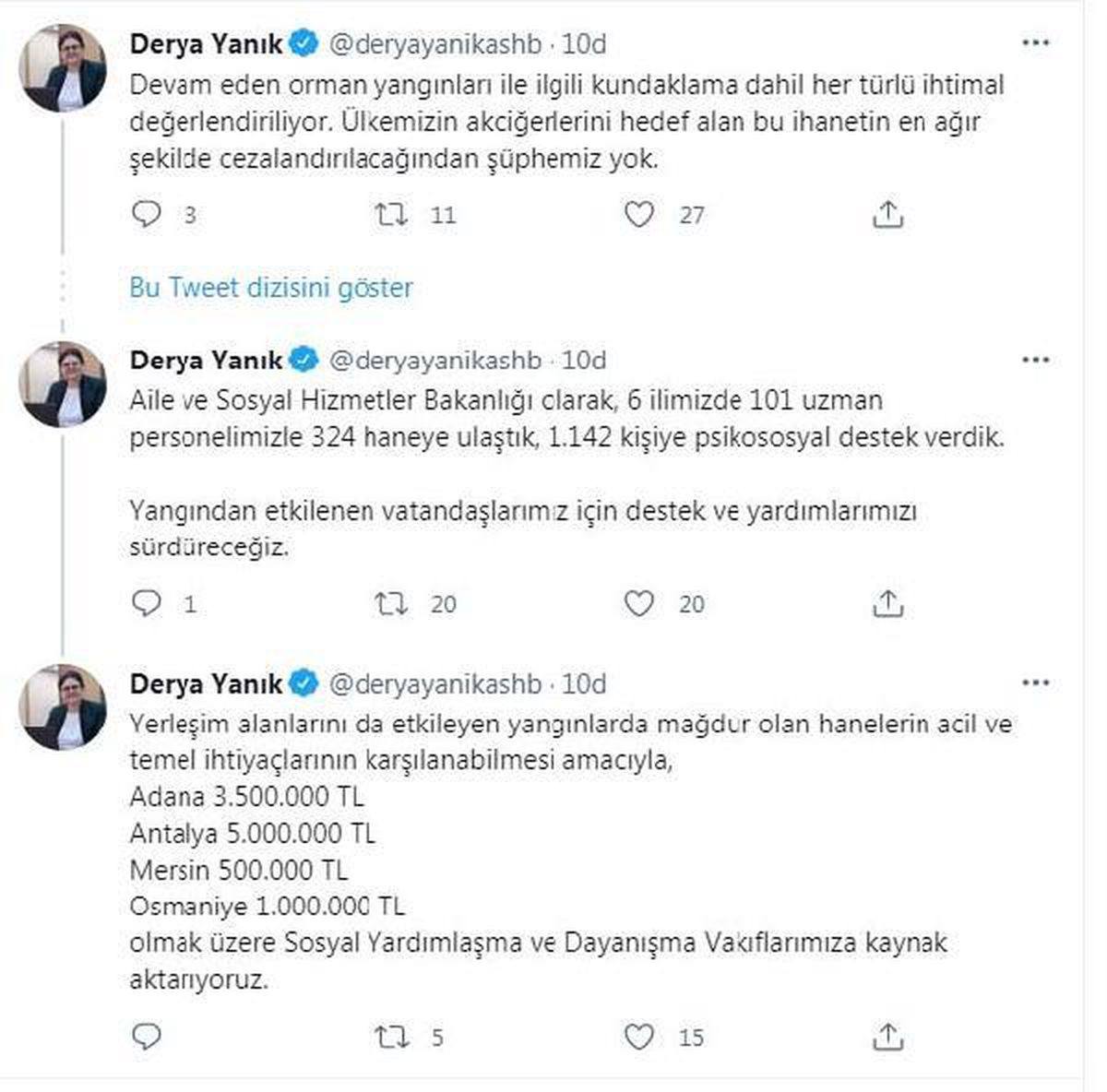 Bakan Yanık: Yangından etkilenen 4 il için 10 milyon TL kaynak aktardık