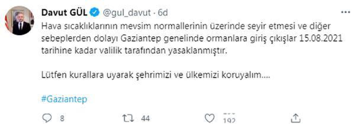 Gaziantep\'te ormanlara girişe 15 gün yasak