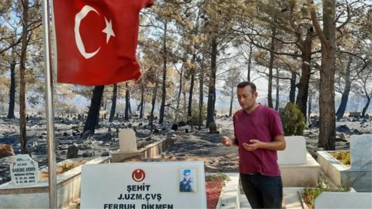 Mersin\'deki yangında şehit kabri ve Türk bayrağı yanmadı