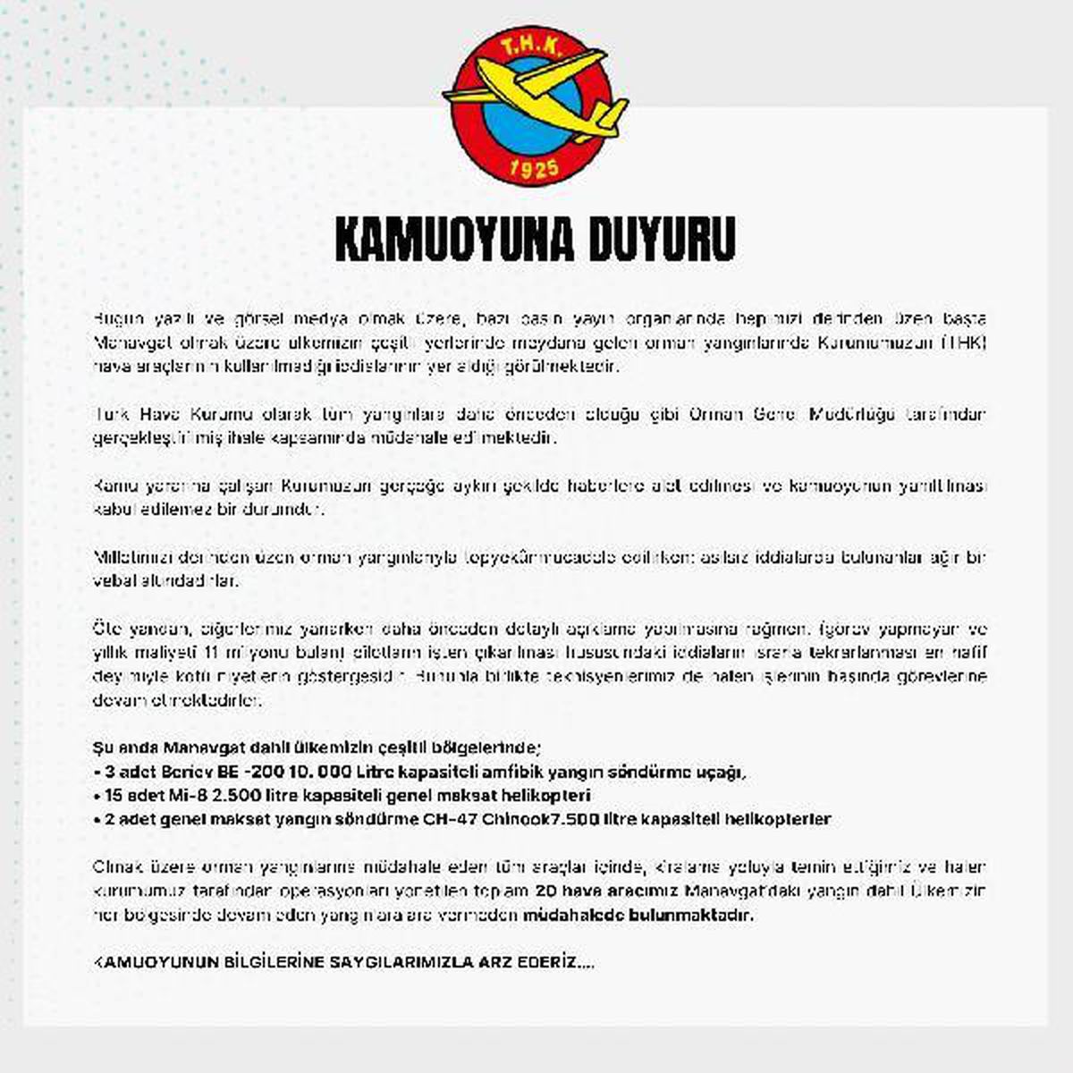 THK: 20 hava aracı ülkemizin her bölgesindeki yangınlara müdahalede bulunuyor