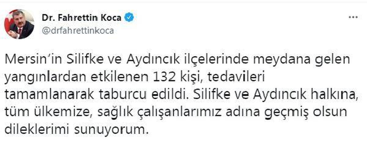 Bakan Koca: Mersin\'de yangından etkilenen 132 kişi taburcu edildi