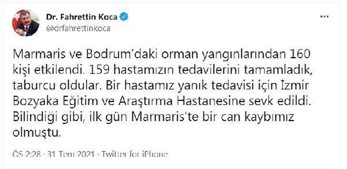 Son dakika haber! Bakan Koca, Manavgat\'taki yangında can kaybının 5\'e yükseldiğini, 400 kişinin taburcu edildiğini bildirdi