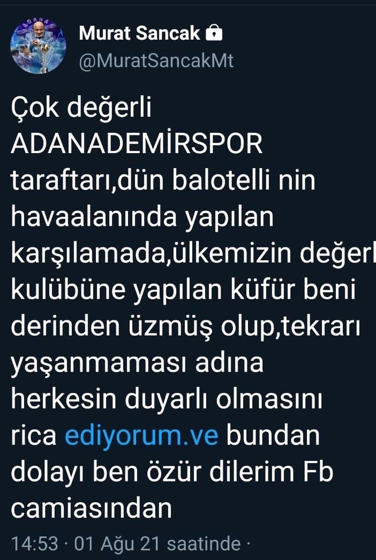 Adana Demirspor Başkanı Murat Sancak, Fenerbahçe\'den özür diledi