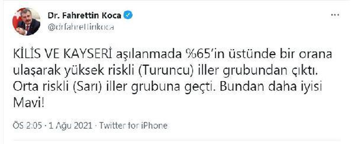Bakan Koca: Kilis ve Kayseri orta riskli iller grubuna geçti