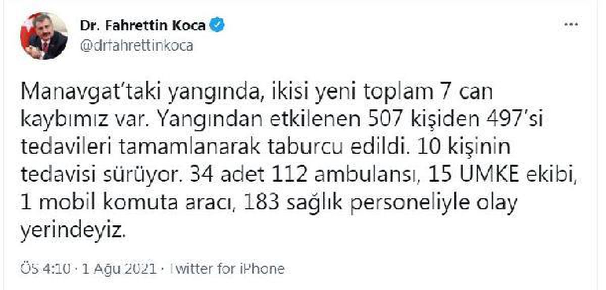 Sağlık Bakanı Koca, yangın bölgelerindeki son durumu paylaştı Açıklaması
