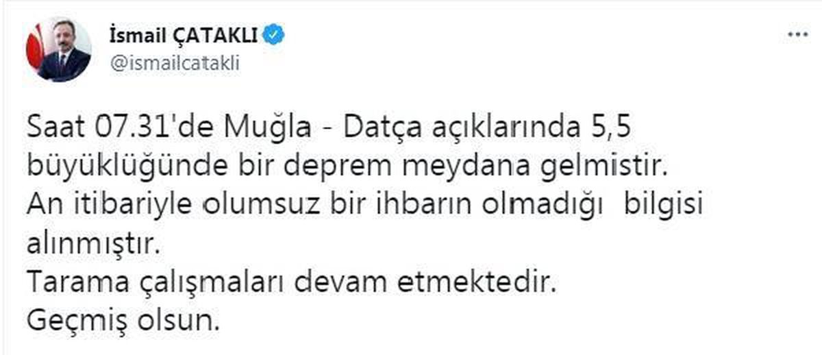 Çataklı: Datça\'daki depremde olumsuz ihbarın olmadığı bilgisi alınmıştır