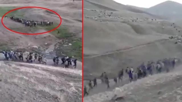 İran sınırında çekildiği öne sürülen video sosyal medyada gündem oldu! Yüzlerce mülteci gruplar halinde geliyor