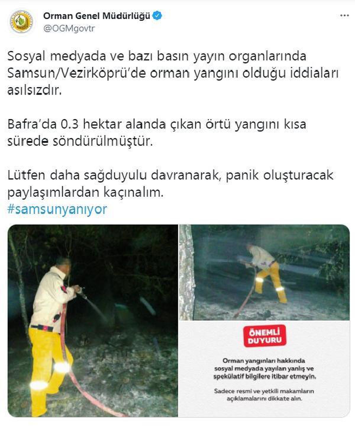 OGM: Vezirköprü\'de orman yangını olduğu iddiaları asılsızdır