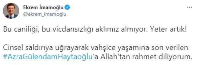 Vahşice öldürülen Azra için Ekrem-Dilek İmamoğlu çiftinden sert tepki: Tahammülümüz yok Vahşice öldürülen Azra için Ekrem-Dilek İmamoğlu çiftinden sert tepki: Tahammülümüz yok