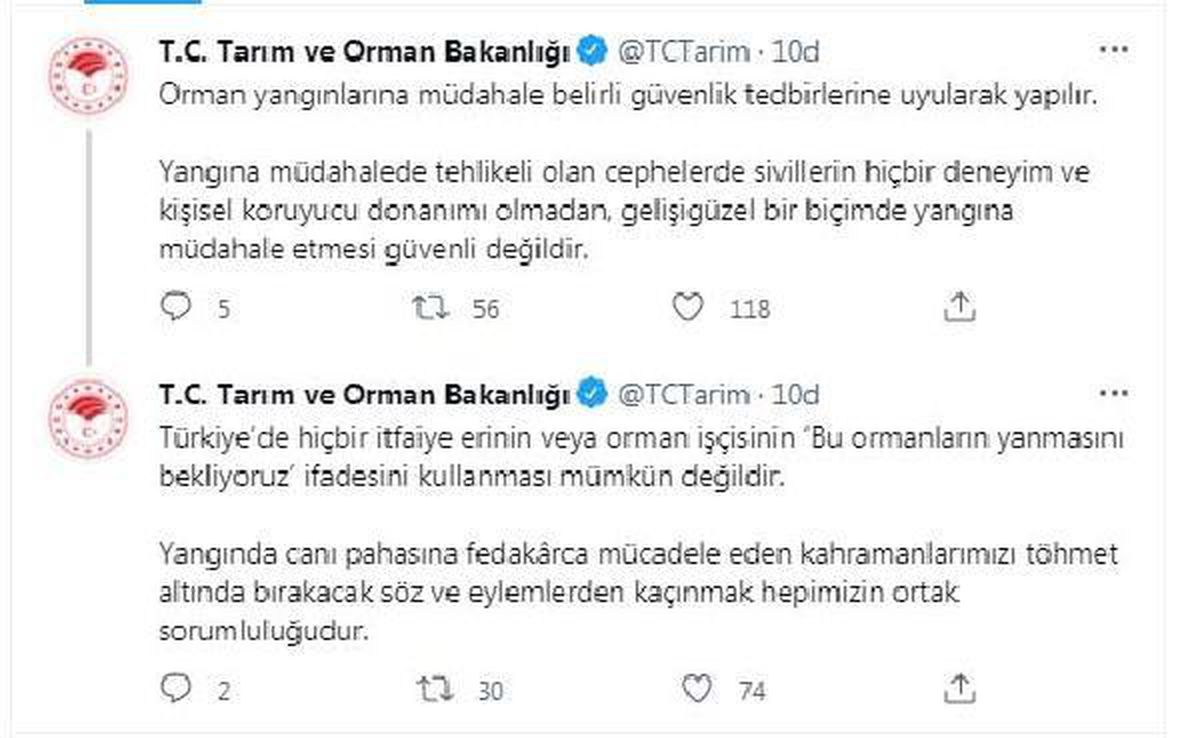 Bakanlık: Sivillerin gelişigüzel bir biçimde yangına müdahale etmesi güvenli değil