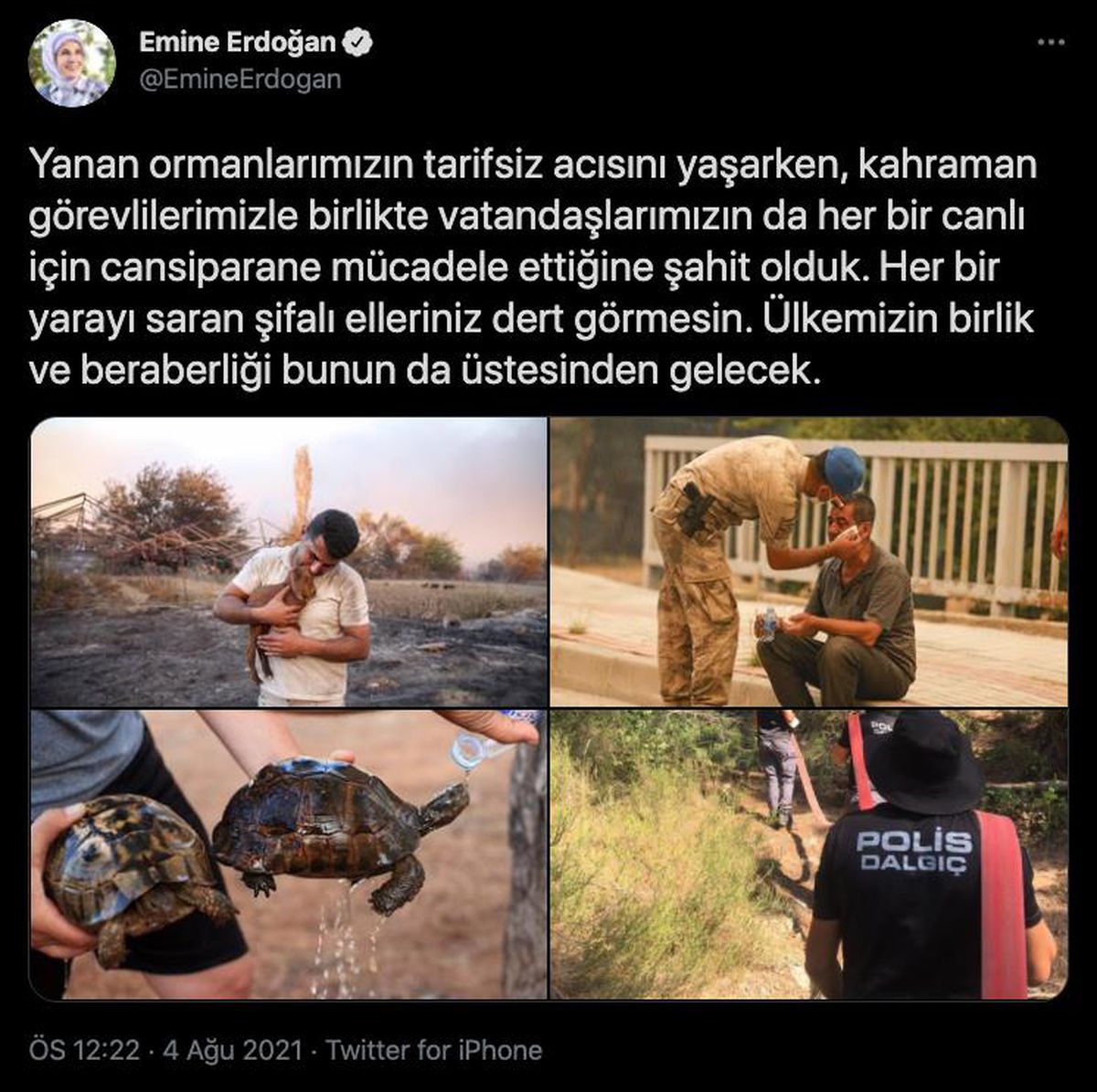 Son dakika: Cumhurbaşkanı Erdoğan\'ın eşi Emine Erdoğan, orman yangınlarına ilişkin paylaşımda bulundu Açıklaması
