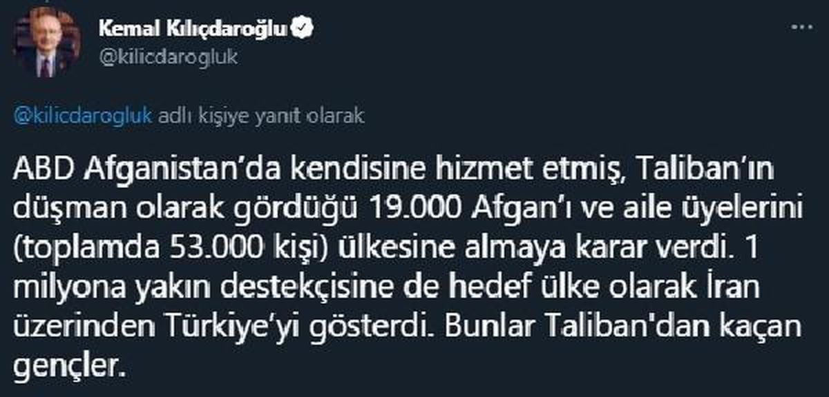 Kılıçdaroğlu: Erdoğan, Afgan sığınmacıları ülkemize kabul etmiştir