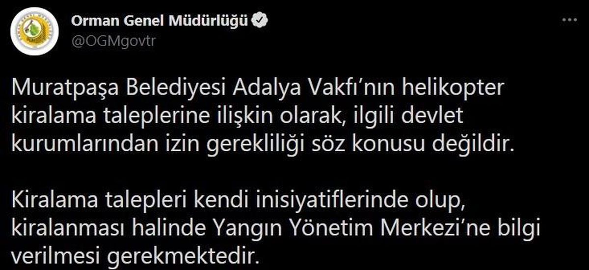 OGM\'den helikopter kiralamak için izin isteyen Uysal\'a yanıt: "İzin gerekliliği söz konusu değildir"
