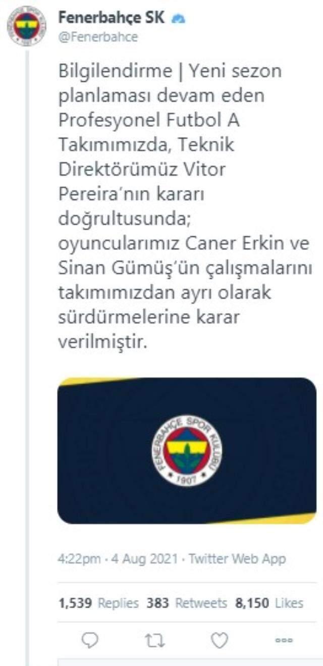 Son Dakika: Vitor Pereira'nın kararıyla Caner Erkin ve Sinan Gümüş, süresiz kadro dışı bırakıldı Son Dakika: Vitor Pereira'nın kararıyla Caner Erkin ve Sinan Gümüş, süresiz kadro dışı bırakıldı