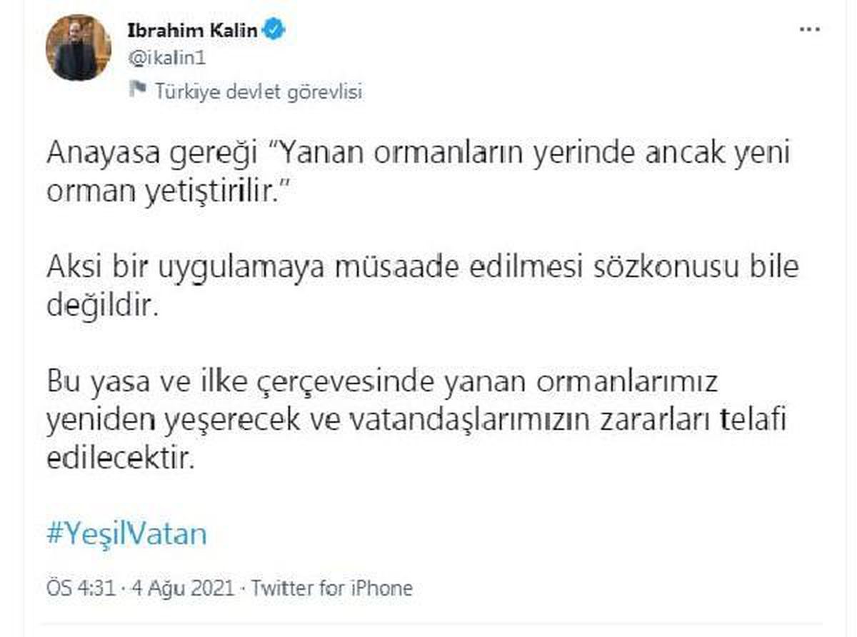 Sözcü Kalın: Yanan ormanlarımız yeniden yeşerecek