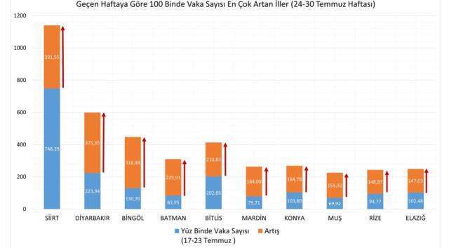 Son Dakika: Türkiye'de son bir haftada vaka sayısı en çok artan 5 ilimiz Siirt, Diyarbakır, Bingöl, Batman ve Bitlis oldu