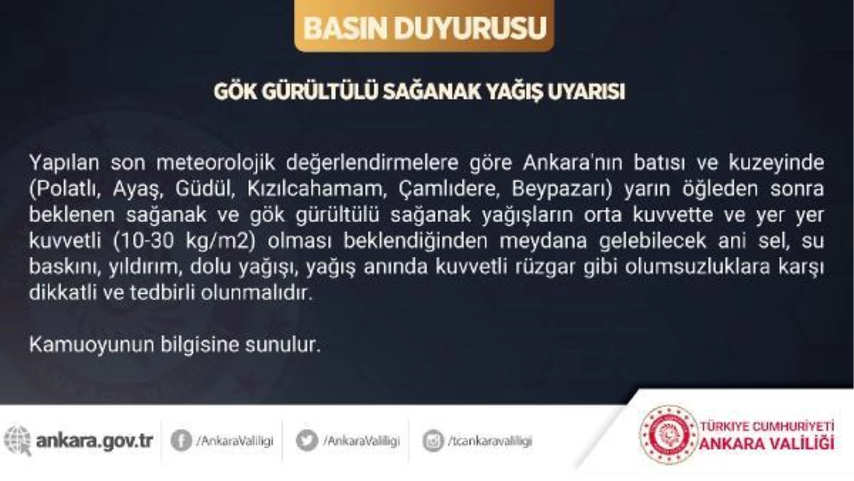 Ankara Valiliği\'nden \'gök gürültülü sağanak\' uyarısı