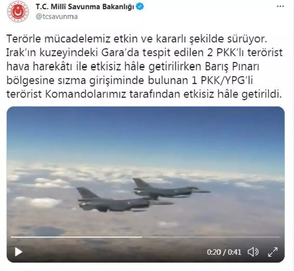 MSB: Gara ve Barış Pınarı bölgesinde 3 terörist etkisiz hale getirildi