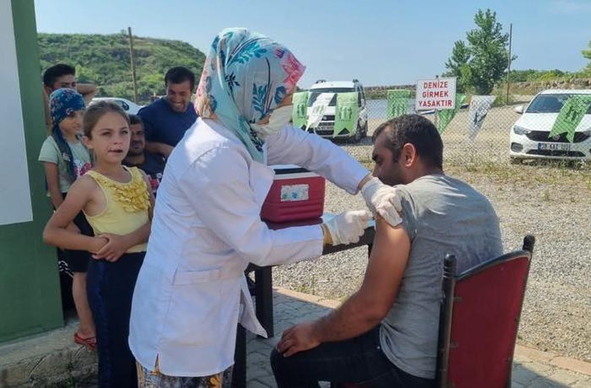 Giresun\'a fındık hasadına gelen mevsimlik işçilere Kovid-19 aşısı yapılıyor
