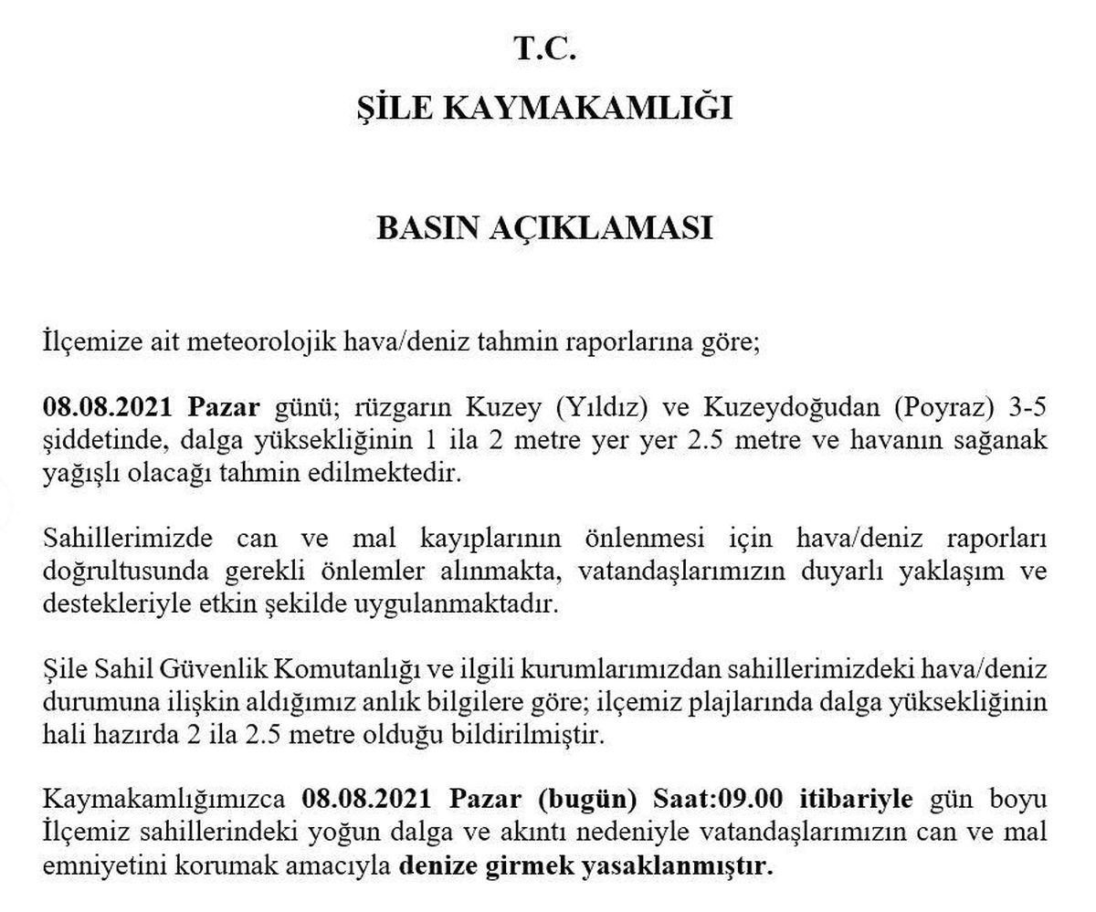 Olumsuz hava koşulları nedeniyle Şile\'de denize girmek yasaklandı