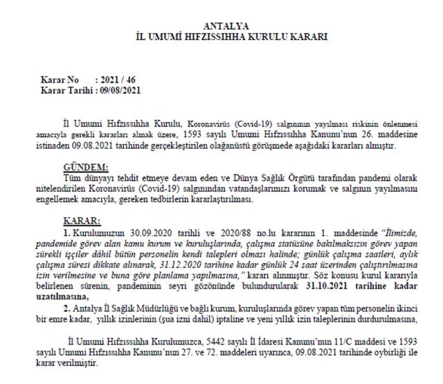 Antalya'da sağlık çalışanlarının yıllık izinleri iptal edildi