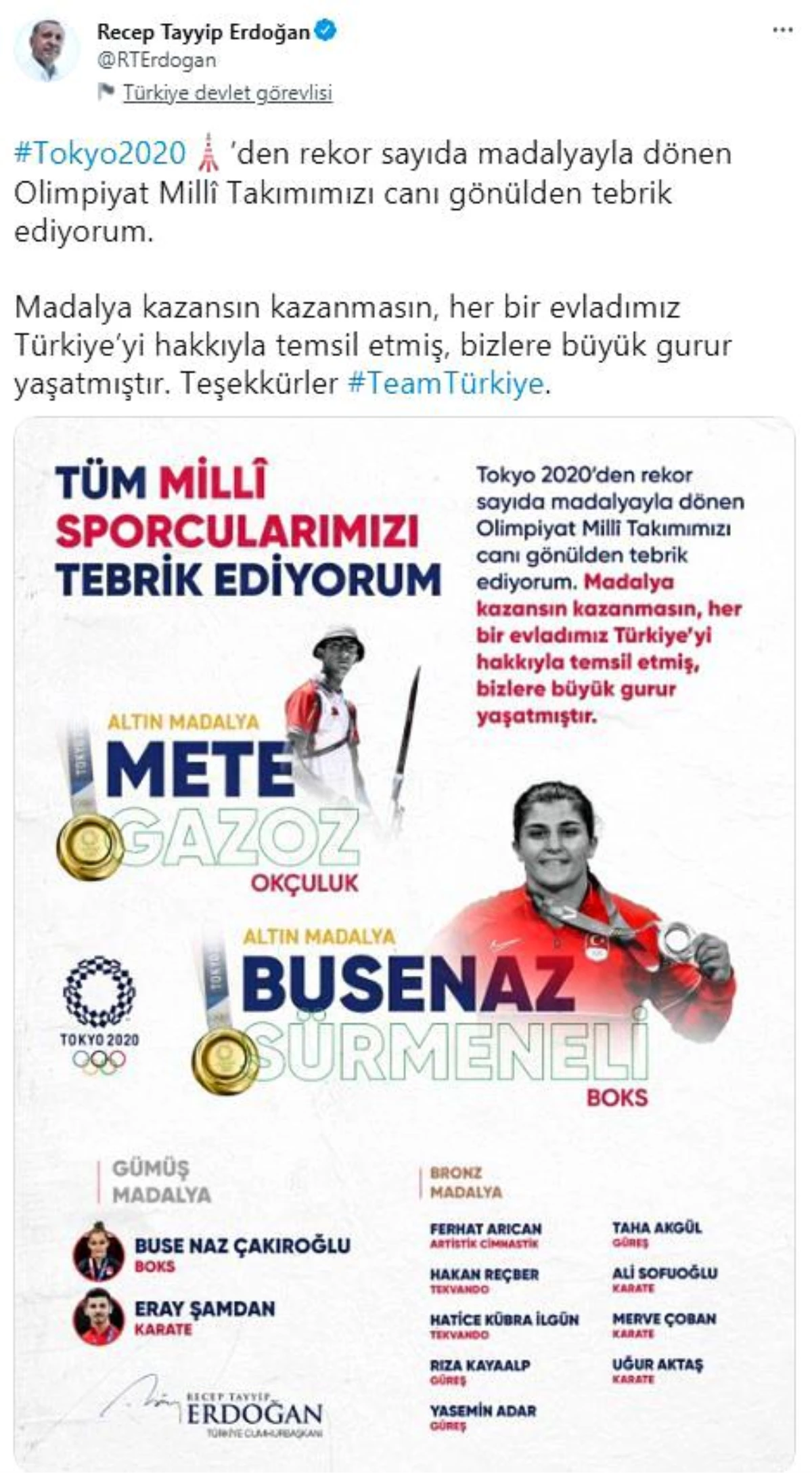 Cumhurbaşkanı Erdoğan 2020 Tokyo Olimpiyat Oyunları\'na katılan milli sporcuları tebrik etti