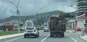 Kamyon kasasındaki iskeleler üzerinde tehlikeli yolculuk