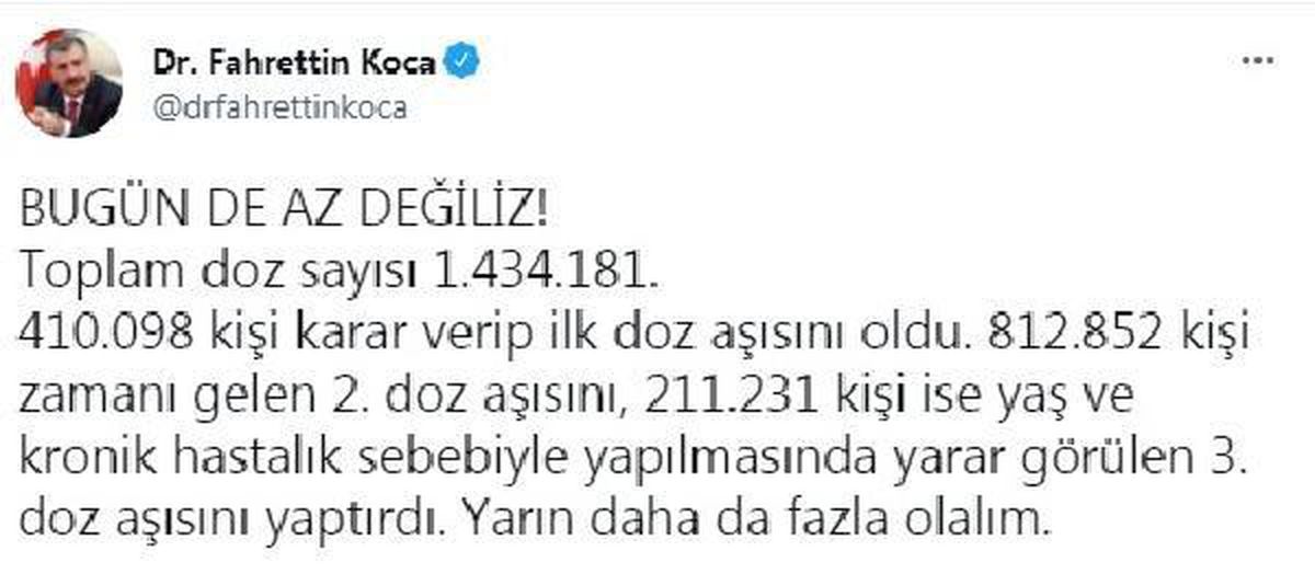 Bugün 1 milyon 434 bin 181 doz koronavirüs aşısı yapıldı
