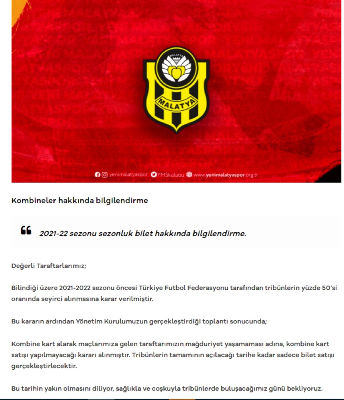 Yeni Malatyaspor\'dan kombine açıklaması