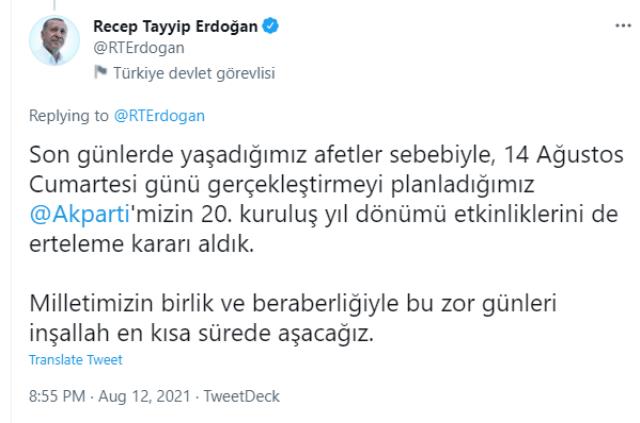 Cumhurbaşkanı Erdoğan paylaştı! AK Parti, doğal afetler nedeniyle 20. kuruluş yıldönümü kutlamayacak