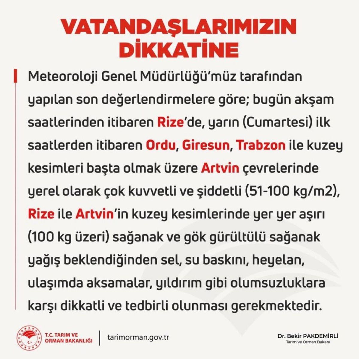 Tarım ve Orman Bakanı Pakdemirli\'den şiddetli yağışlara karşı uyarı