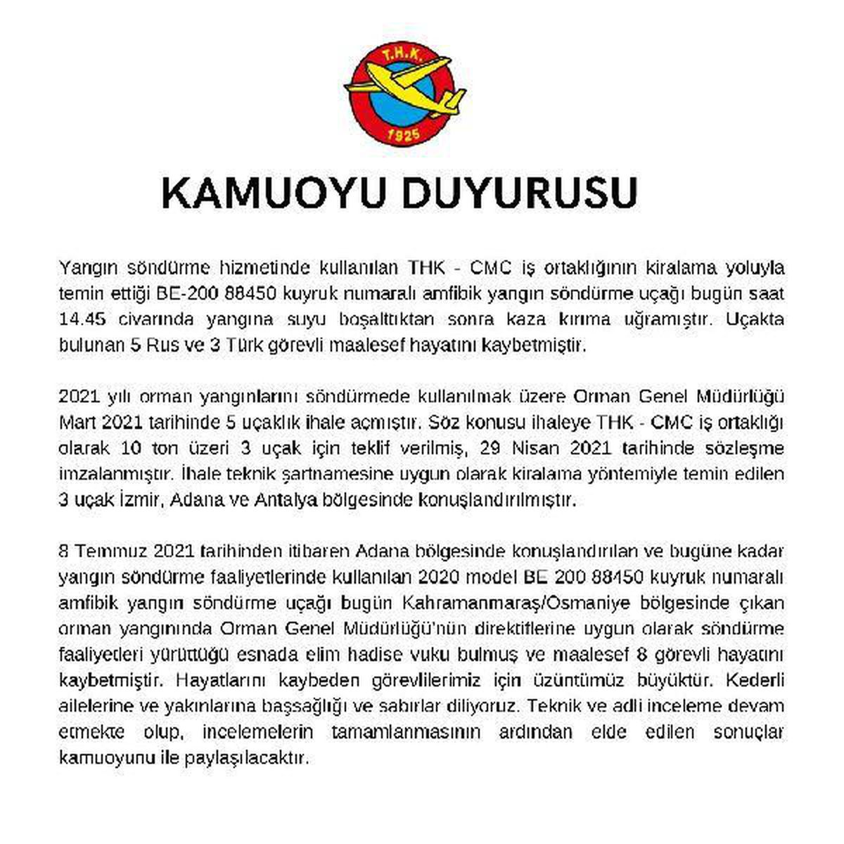 THK: Uçakta bulunan 5 Rus ve 3 Türk görevli hayatını kaybetmiştir