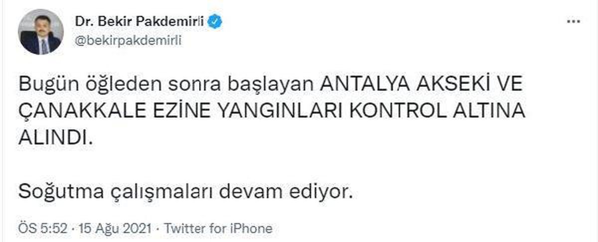 Son dakika haberi: Bakan Pakdemirli: Antalya ve Çanakkale\'deki yangınlar kontrol altına alındı