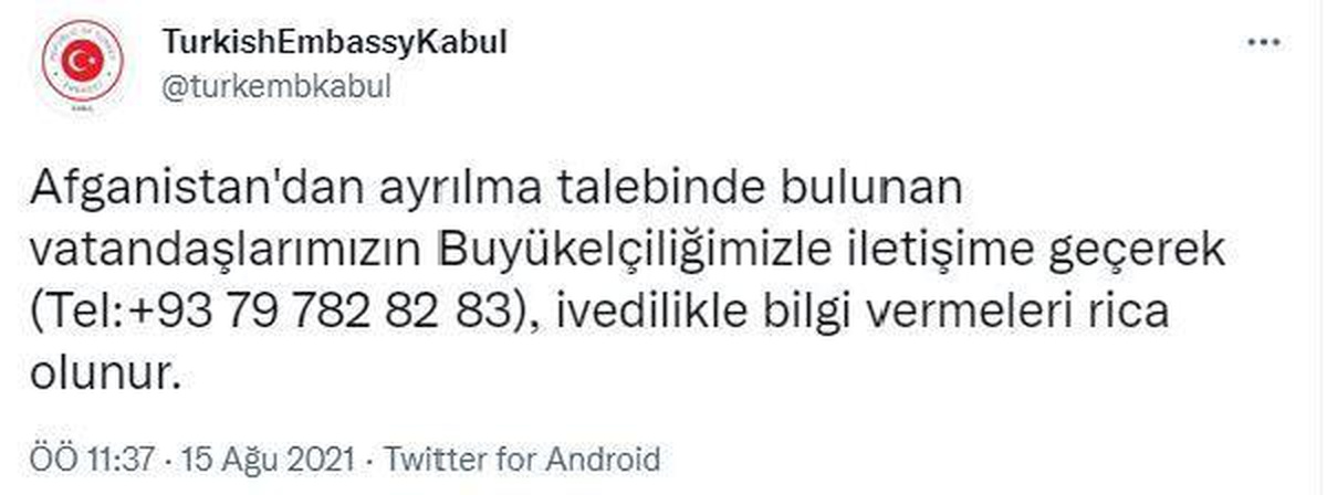 Türkiye\'nin Kabil Büyükelçiliği\'nden vatandaşlara \'Afganistan\' çağrısı