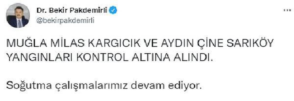 Bakan Pakdemirli: Muğla ve Aydın yangınları kontrol altına alındı