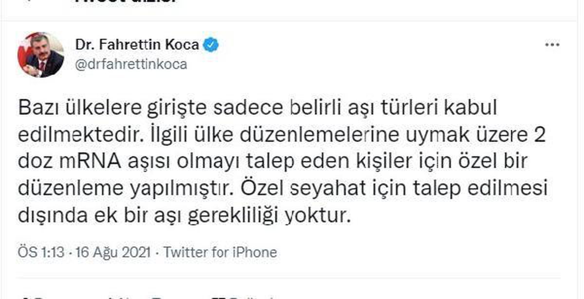 Son dakika haberi... Sağlık Bakanı Koca, dördüncü dozun yabancı ülkelere seyahat edeceklere yönelik olduğunu açıkladı Açıklaması