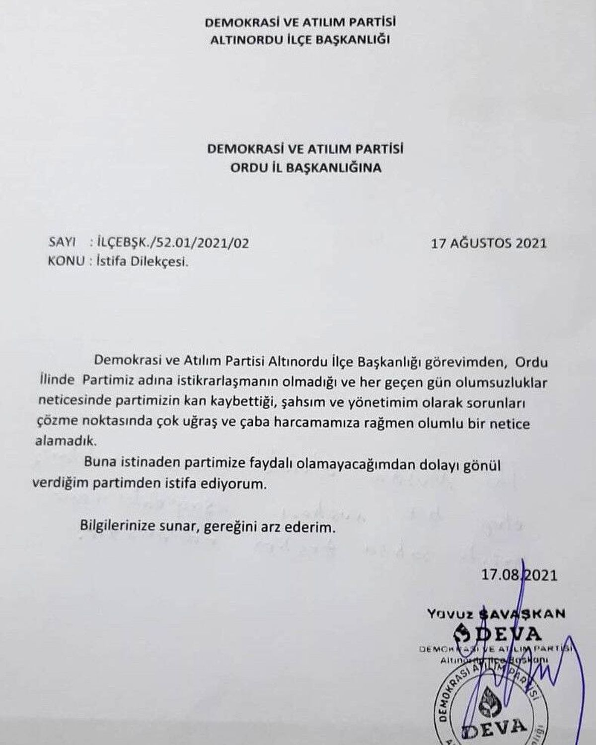 DEVA Partisi\'nde istifa