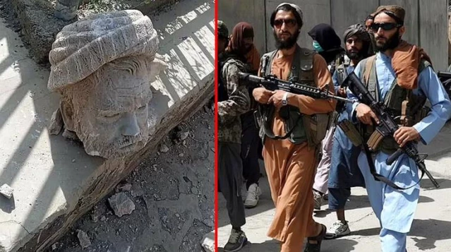  Kimseden intikam almayacağız diyen Taliban militanları, yıllar önce öldürdükleri siyasi liderin heykelini yerle bir etti